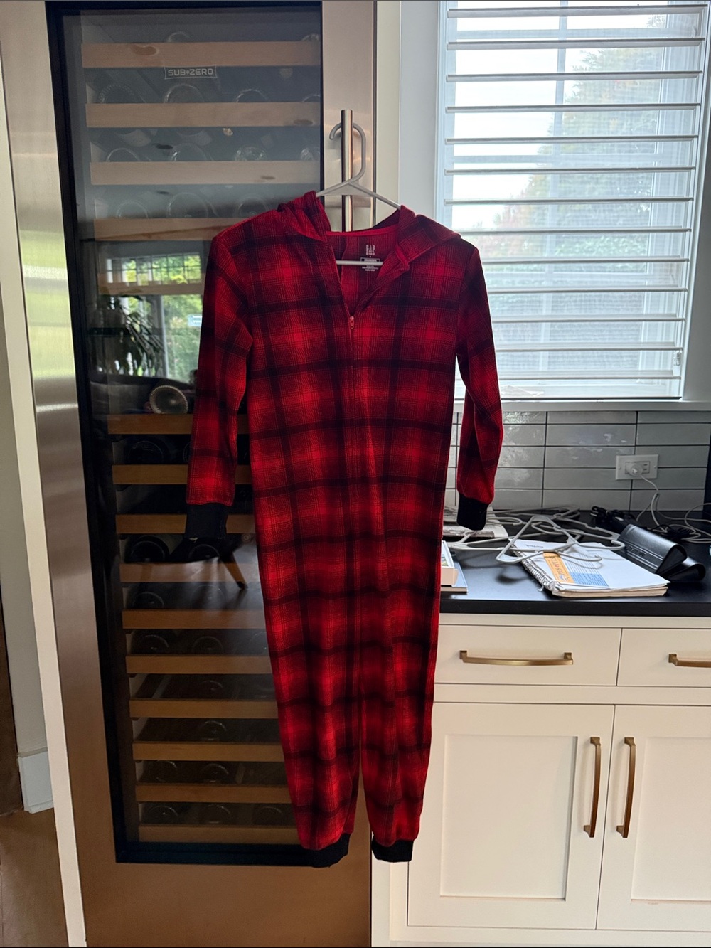 GAP Red and Black Plaid Hooded Kids One-Piece Pajamas